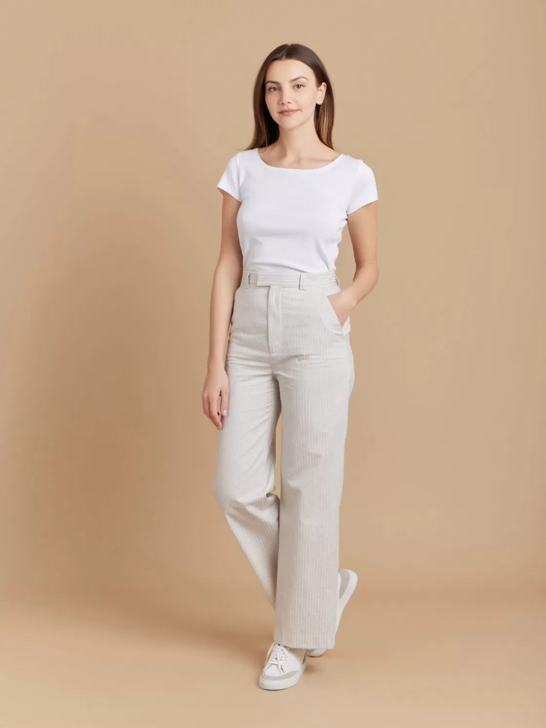 Women agnès b. Pants & Jeans<Beige Cotton Striped Amelyn Pants