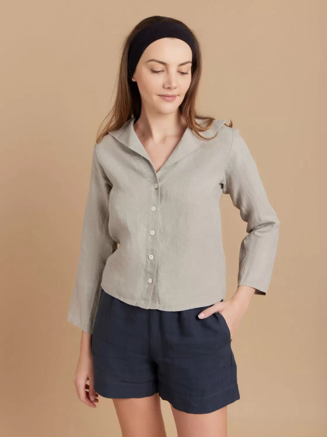 Women agnès b. Tops & Shirts<Beige Linen 3/4-sleeve Shirt