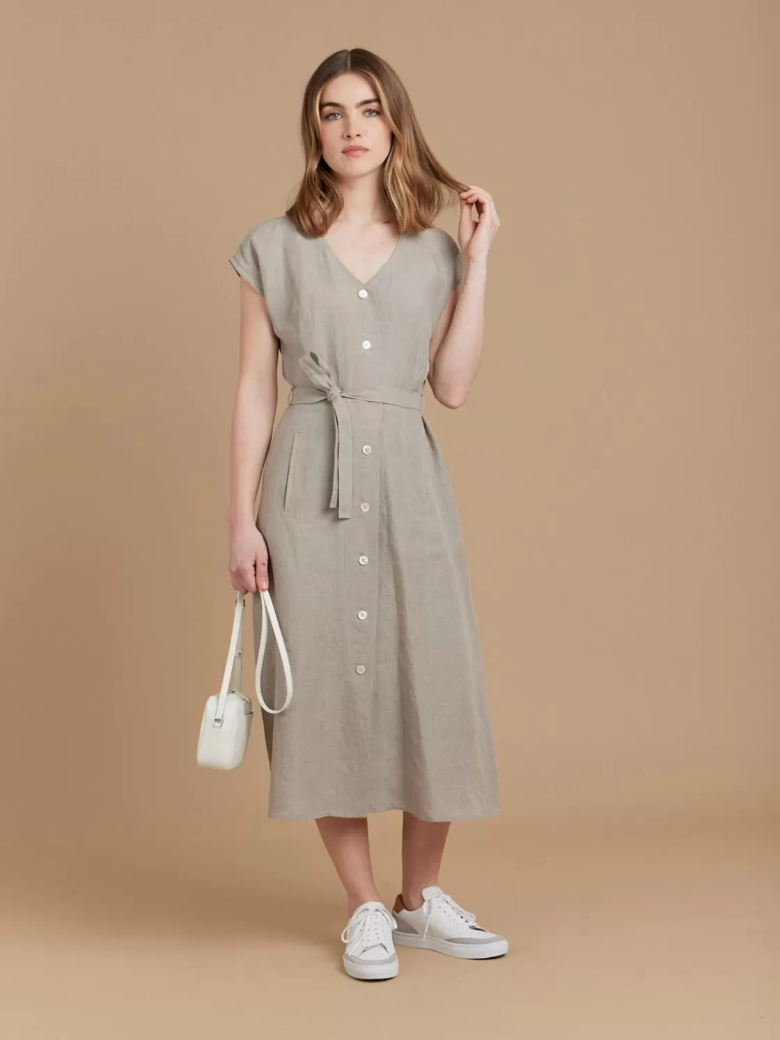 Women agnès b. Dresses<Beige Linen Tie-belt Dress