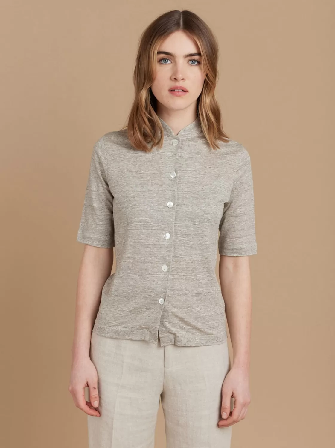 Women agnès b. Tops & Shirts<Beige Linen Violaine Striped Shirt