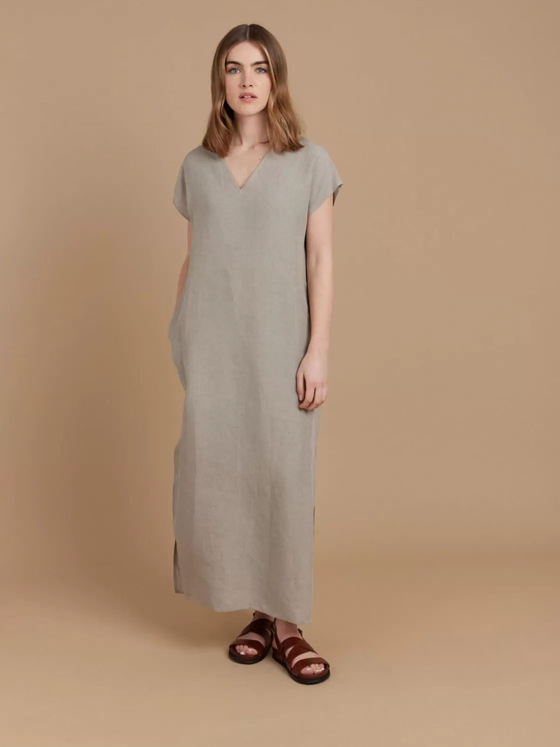 Women agnès b. Dresses<Beige Natural Linen V-neckline Maroc Dress