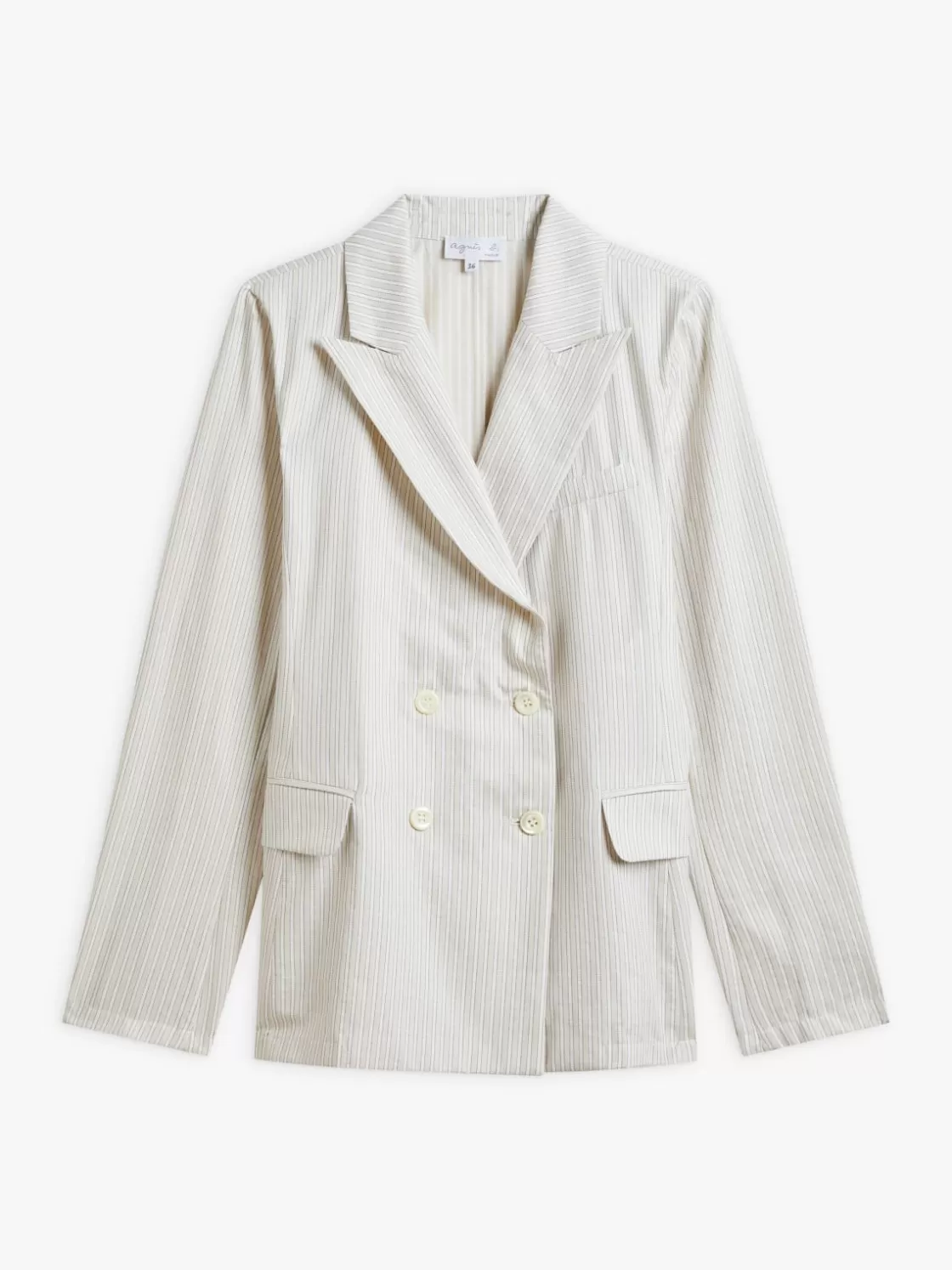 Women agnès b. Jackets & Coats<Beige Woven Cotton Striped Double-breasted Jacket