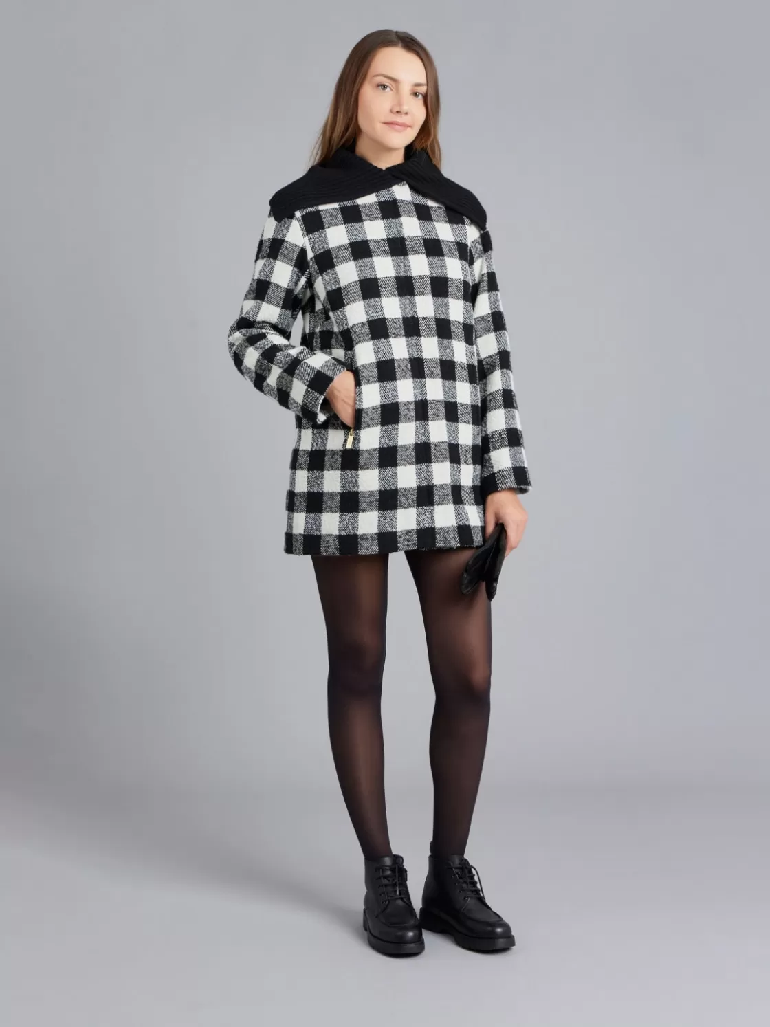 Women agnès b. Jackets & Coats<Black And White Checked Mini Coat