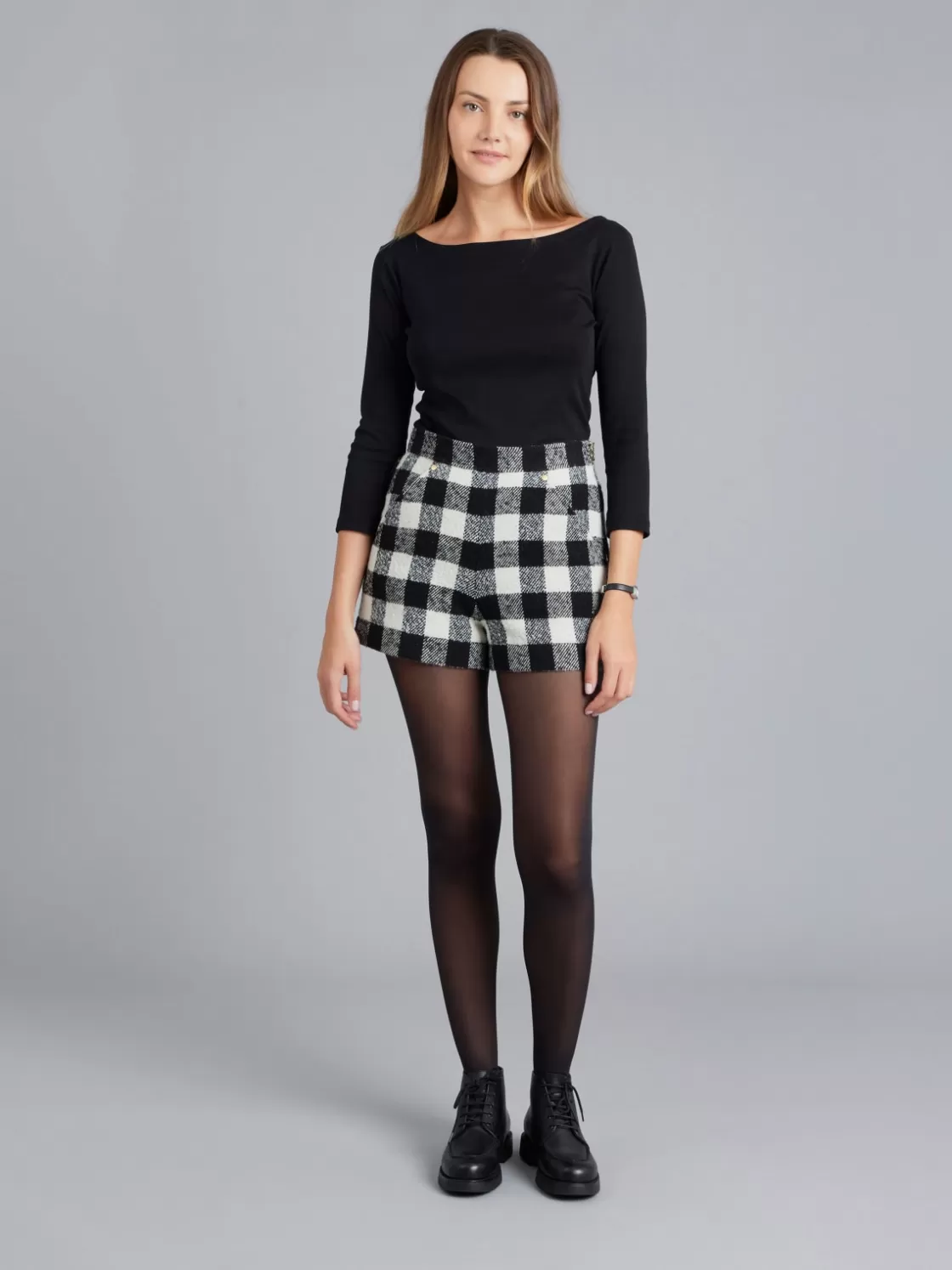 Women agnès b. Skirts & Shorts<Black And White Plaid Wool Shorts