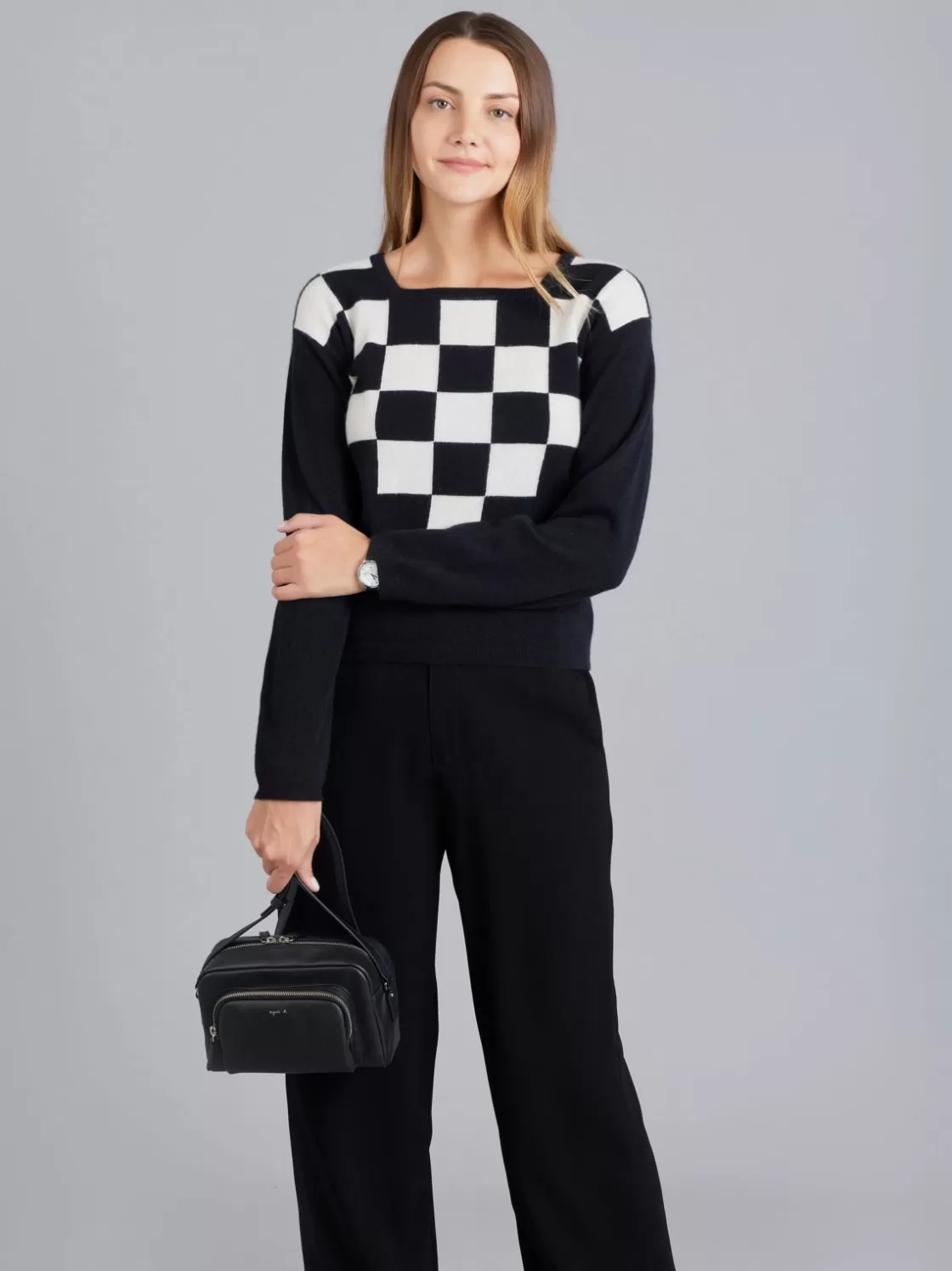 Women agnès b. Cardigans | Sweaters<Black Cashmere Checkerboard Print Sweater