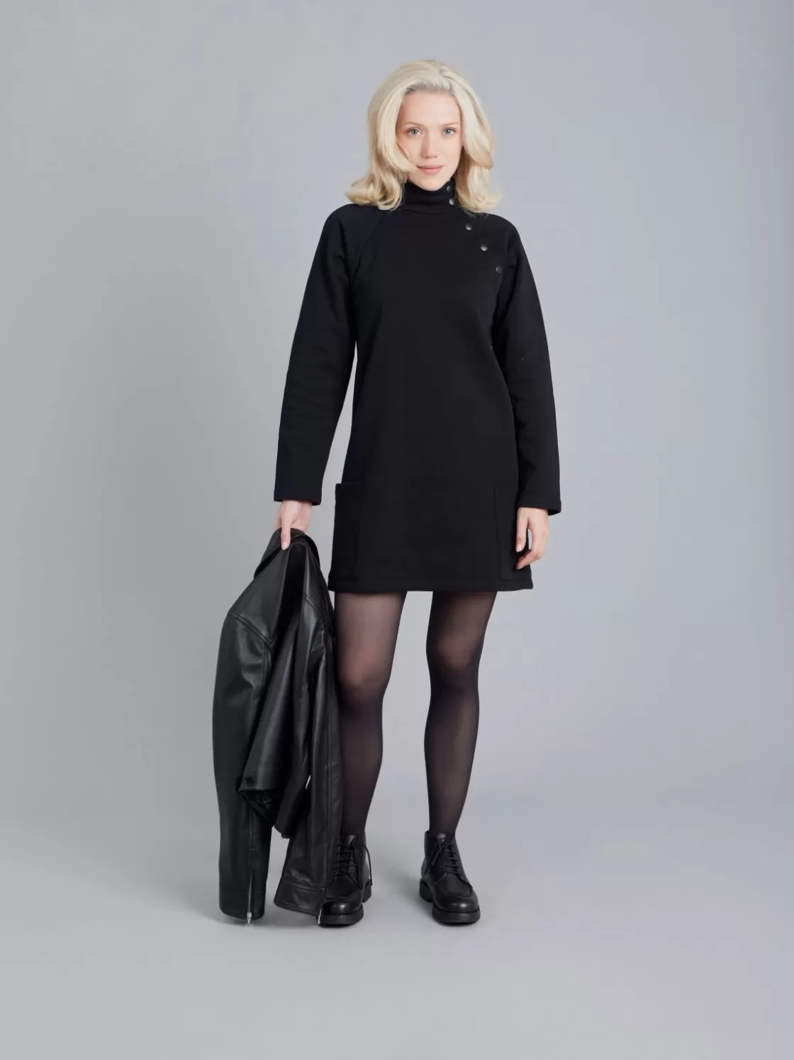 Women agnès b. Dresses<Black Cotton Fleece Diagonal Sweatshirt Dress