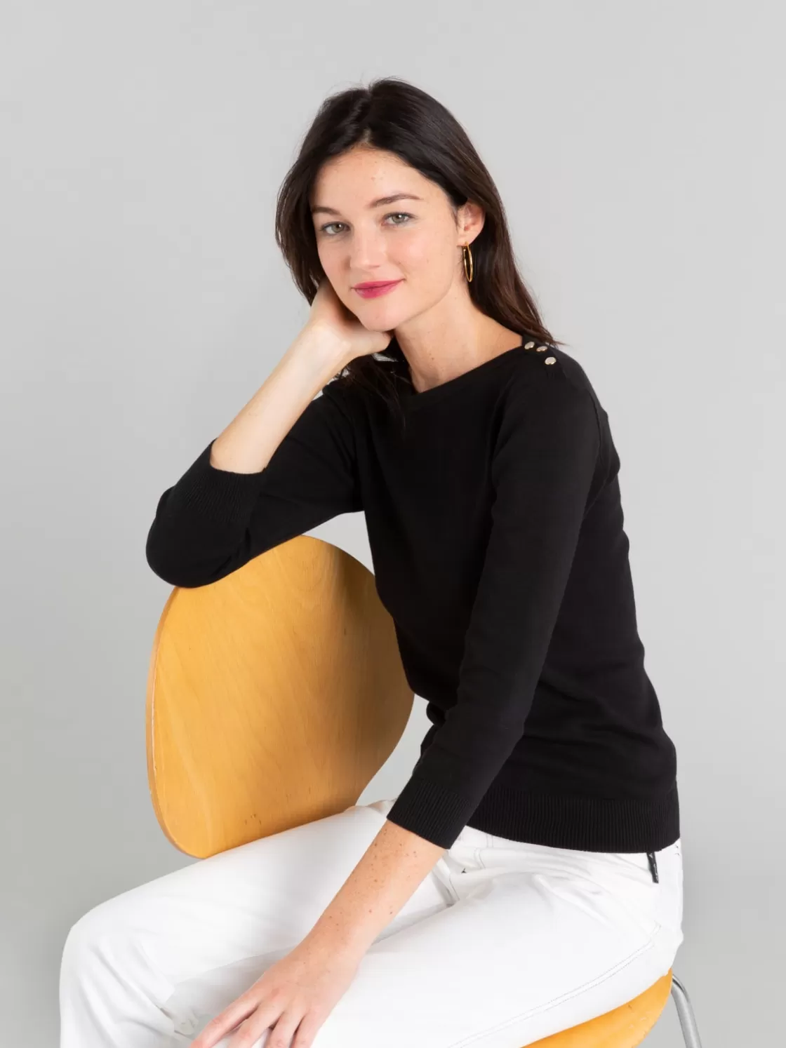 Women agnès b. Sweaters | T-Shirts & Tank Tops<Black Cotton Knit Badiane 3/4 Sleeves T-shirt