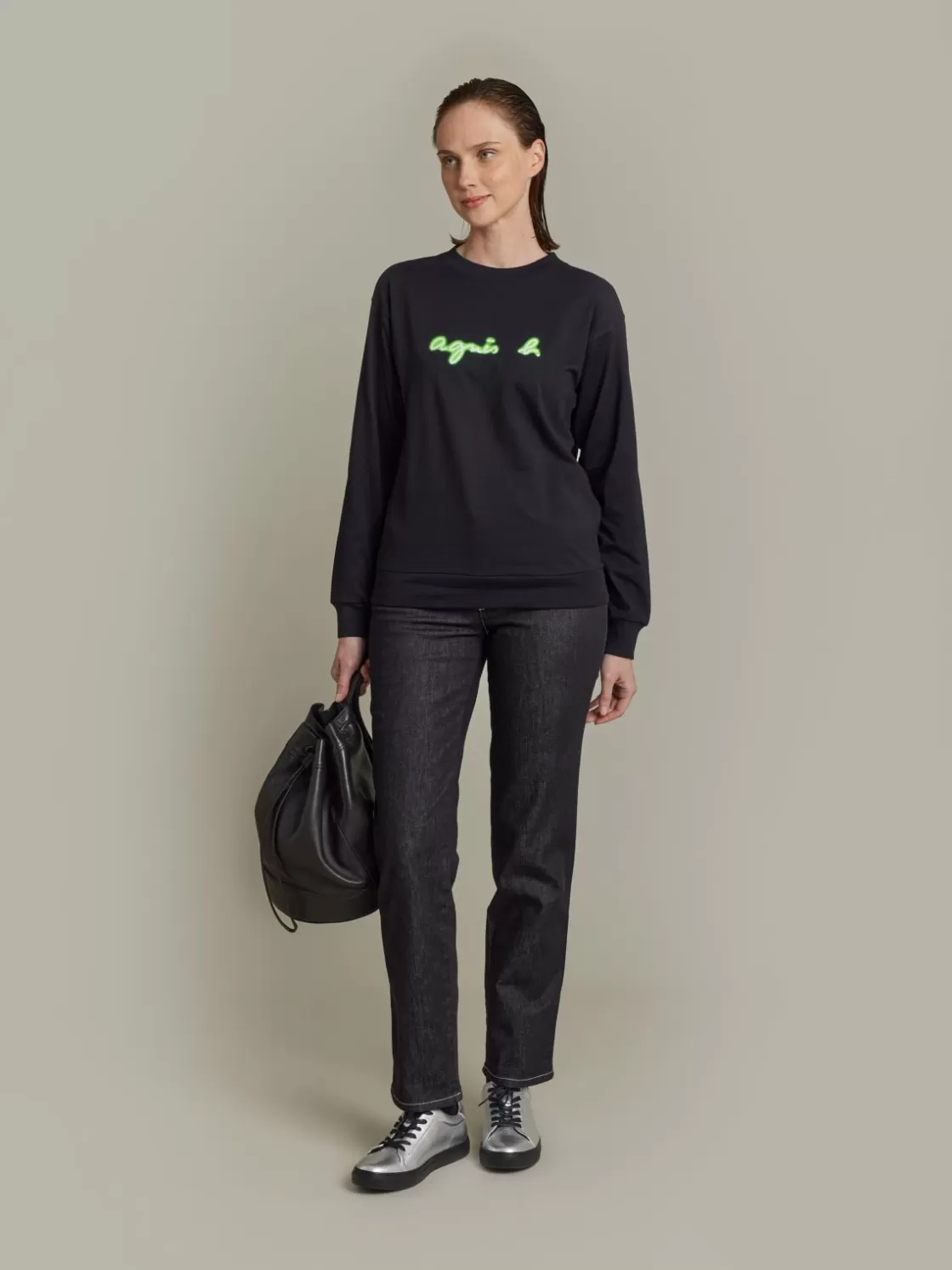 Women agnès b. T-Shirts & Tank Tops<Black Cotton Neon "" Logo Sweatshirt