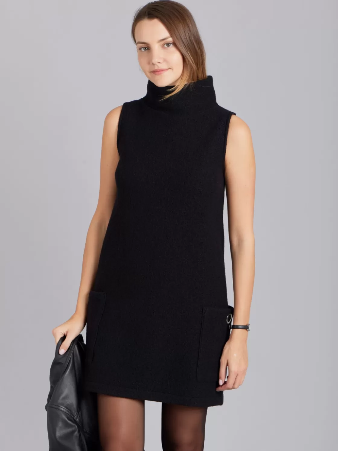 Women agnès b. Dresses<Black Merino Boiled Wool Maori Dress