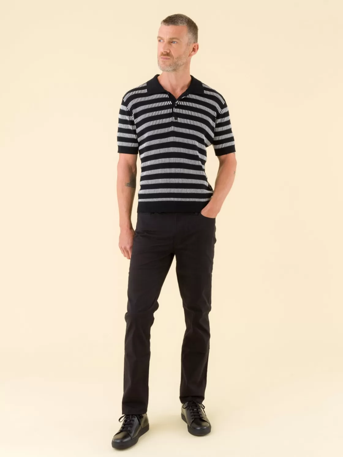 agnès b. Sweaters<Black Piano Polo Shirt In Fancy Striped Cotton