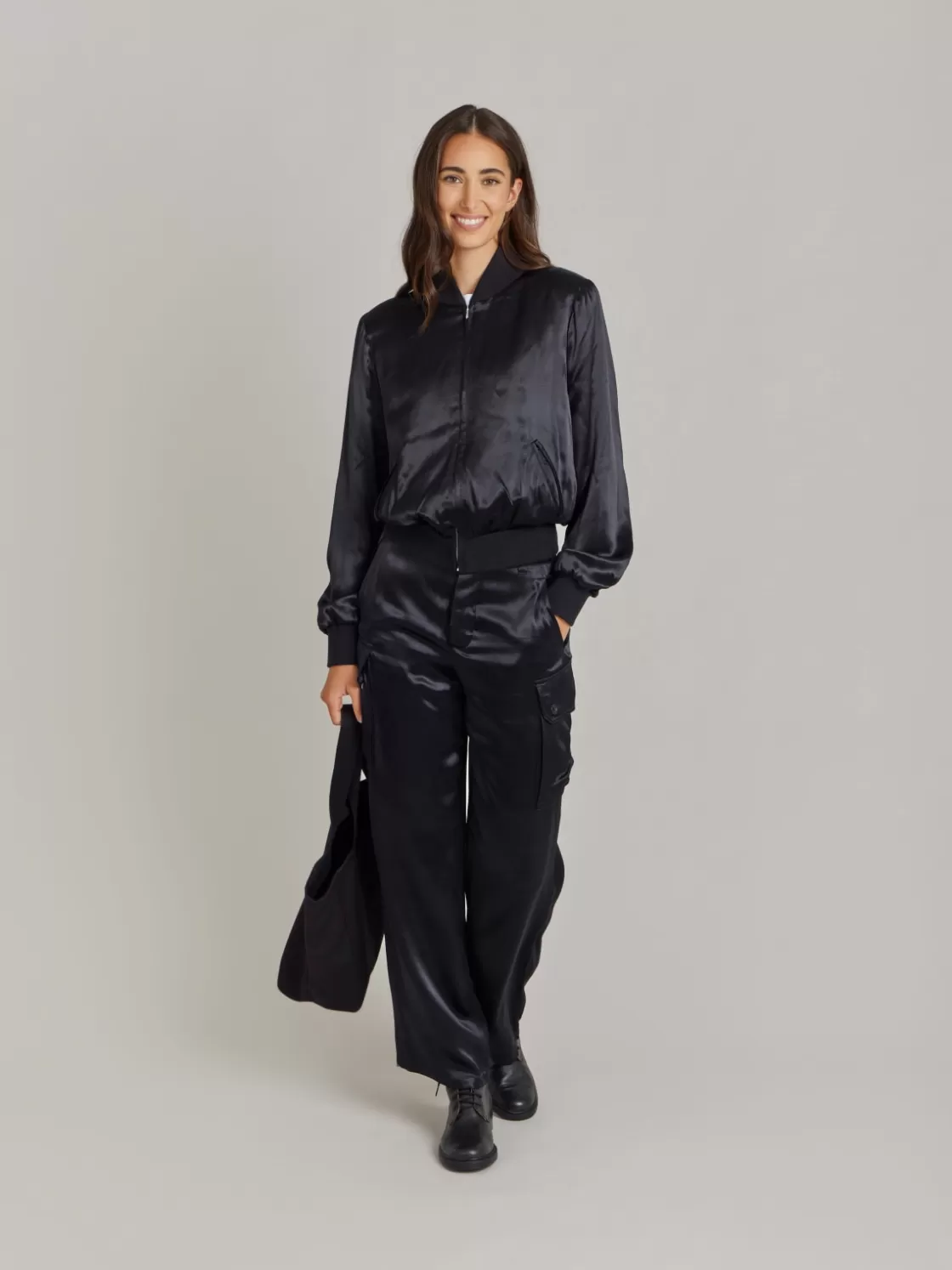 Women agnès b. Jackets & Coats<Black Satin Jacket