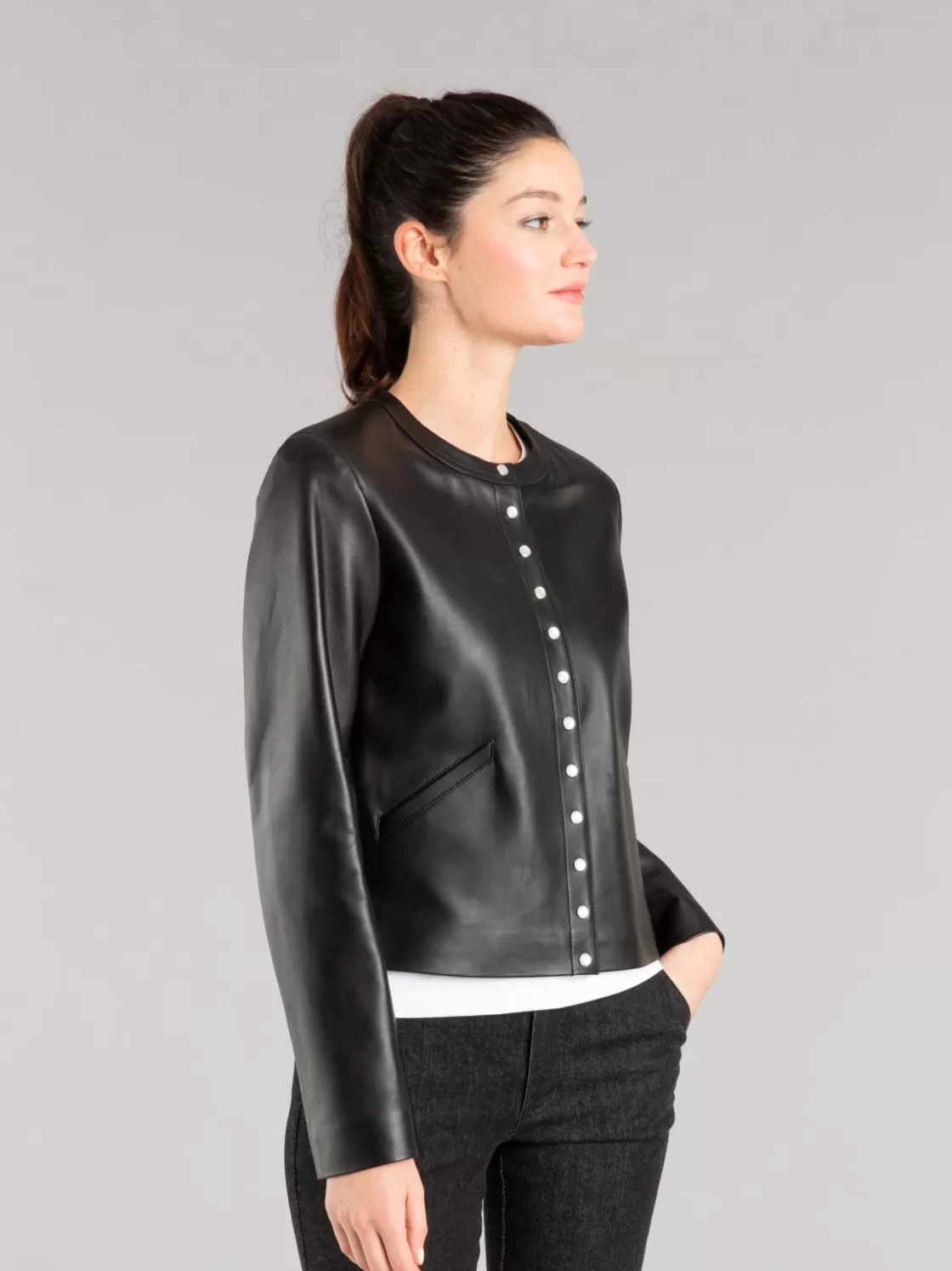 Women agnès b. Cardigans<Black Snap Lambskin Cardigan