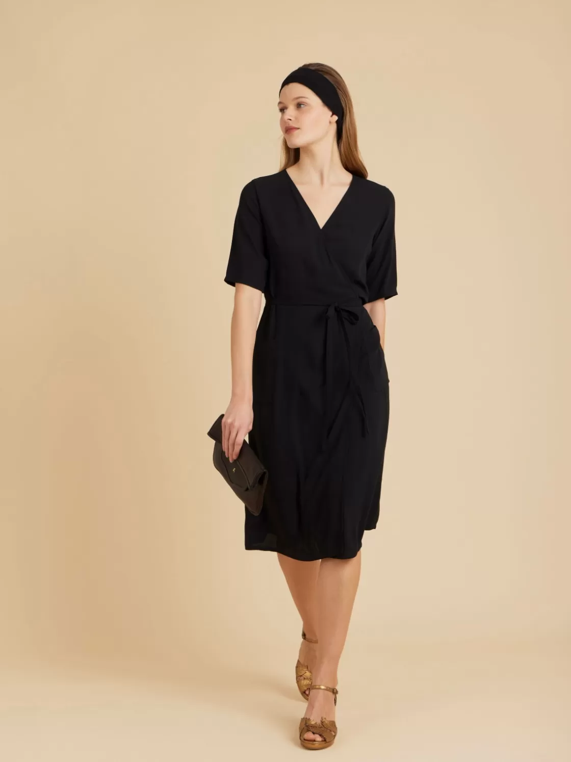 Women agnès b. Dresses<Black V-neck Wrap Dress