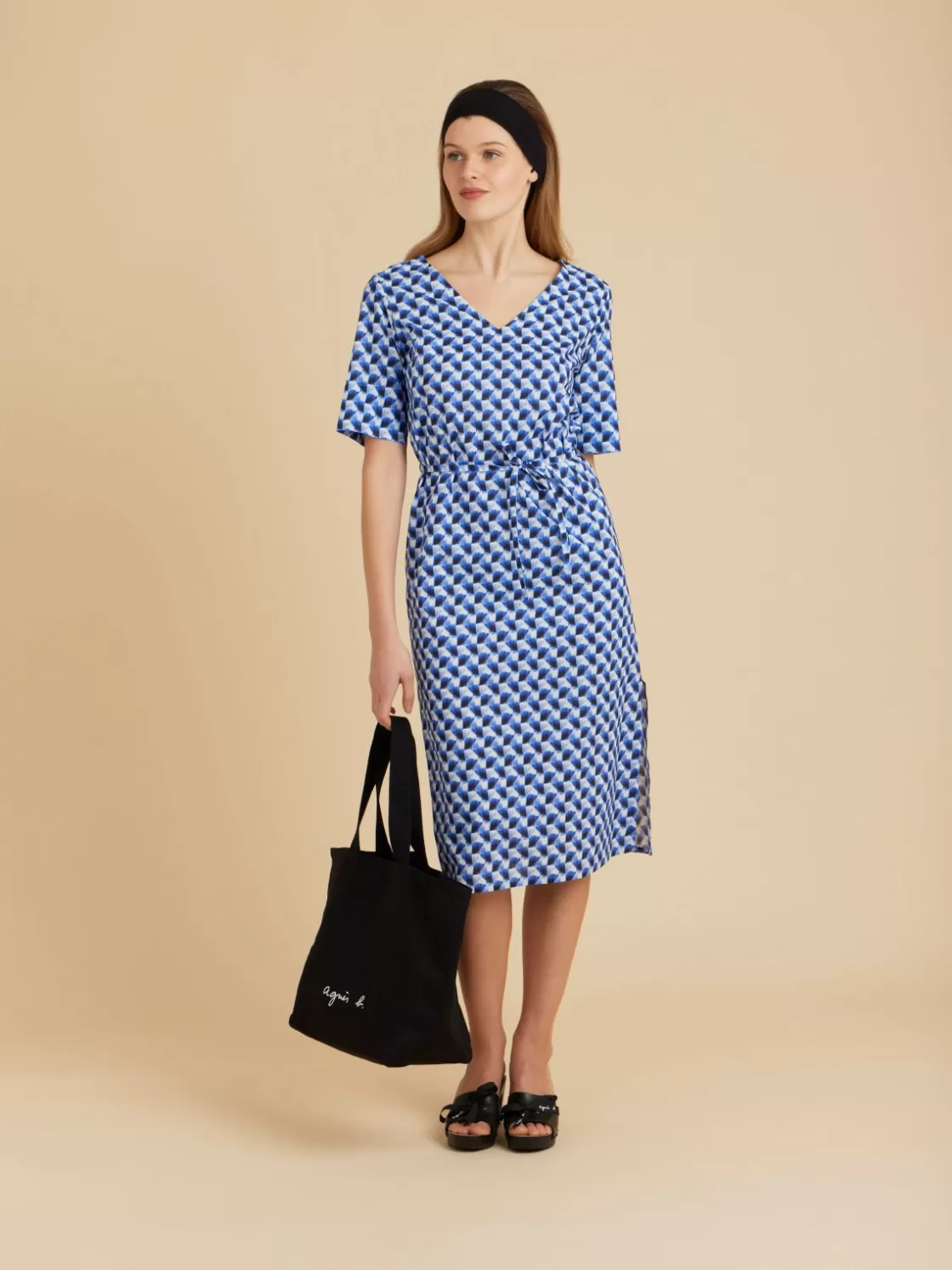 Women agnès b. Dresses<Blue Blue Cotton Geometric Print Fée Dress