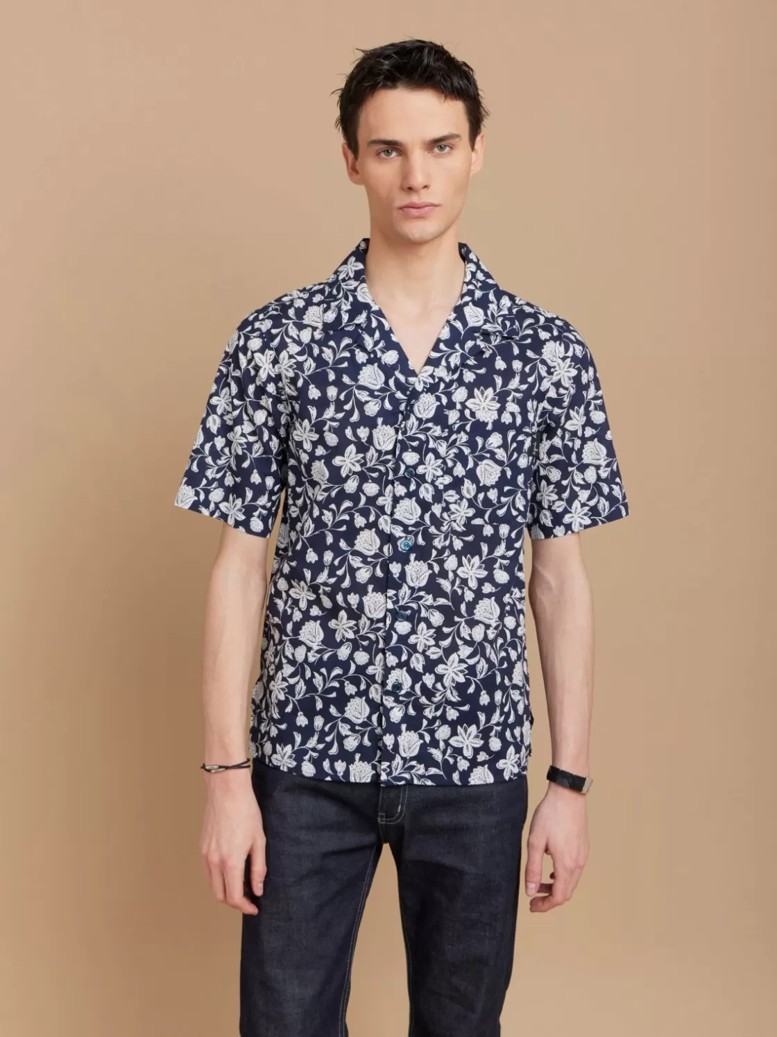 agnès b. Shirts<Blue Cotton Floral Print Magnum Shirt