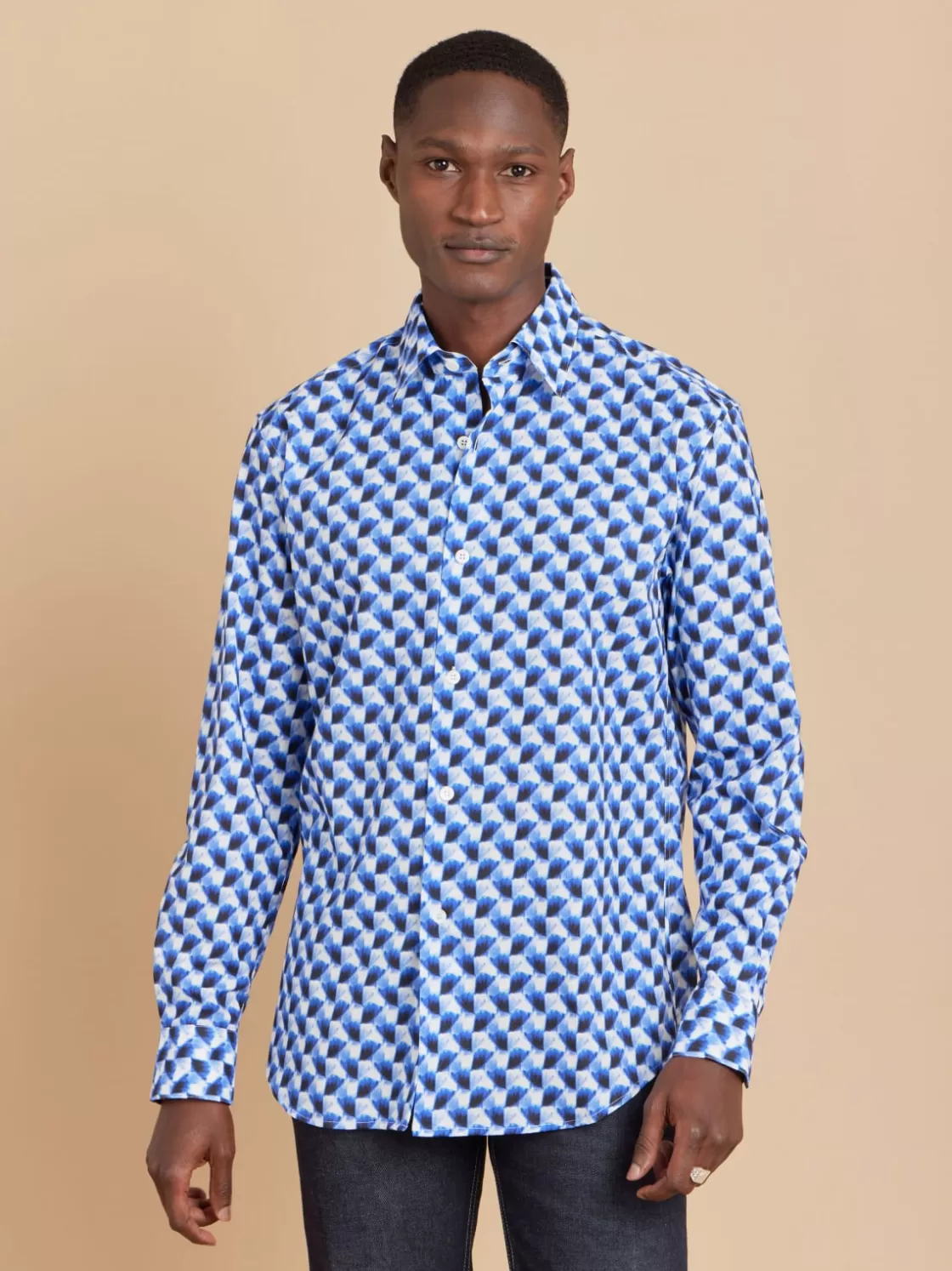 agnès b. Suits | Shirts<Blue Cotton Geometric Print Andy Shirt