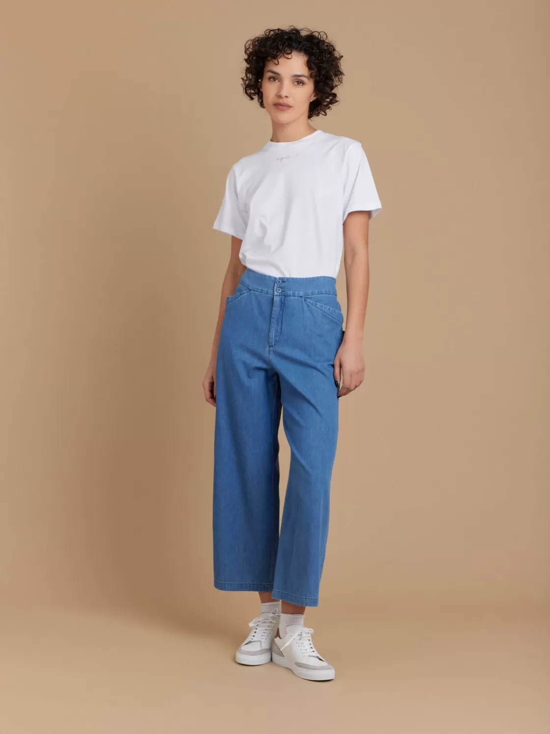 Women agnès b. Pants & Jeans<Blue Cotton High-waisted Cropped Pants