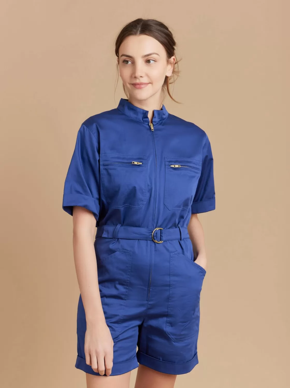 Women agnès b. Jumpsuits | Pants & Jeans<Blue Cotton Satin Short Jumpsuit