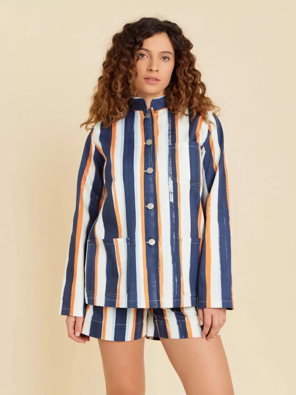 Women agnès b. Jackets & Coats<Blue Cotton Striped Suhou Jacket