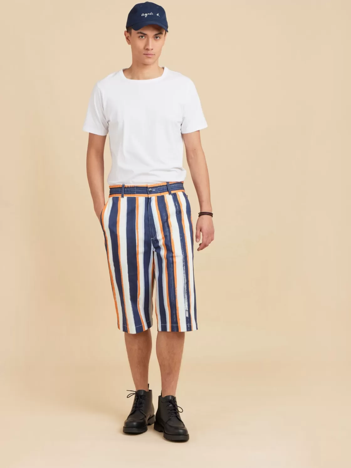 agnès b. Pants<Blue Cotton Vertical Stripes Bermuda Shorts