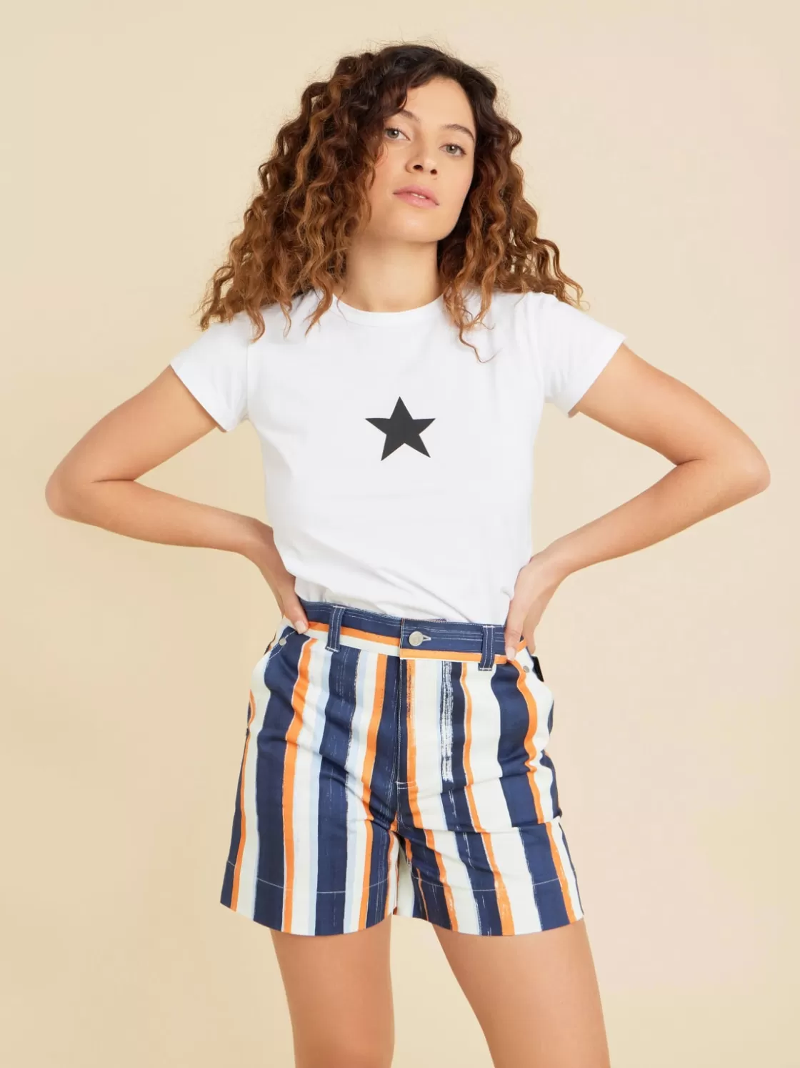 Women agnès b. Skirts & Shorts<Blue Cotton Vertical Stripes Mini Shorts