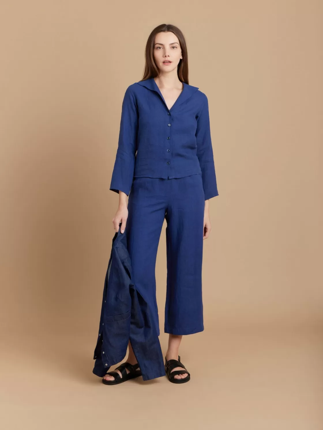 Women agnès b. Tops & Shirts<Blue Linen 3/4-sleeve Shirt