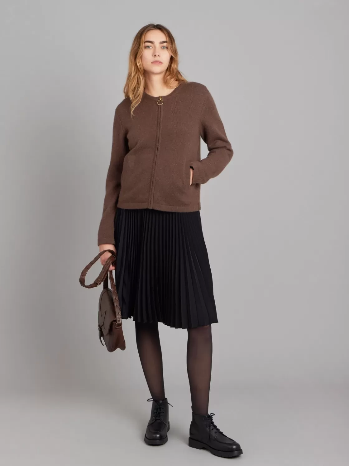 Women agnès b. Cardigans<Brown Cashmere Zip Pocket Cardigan