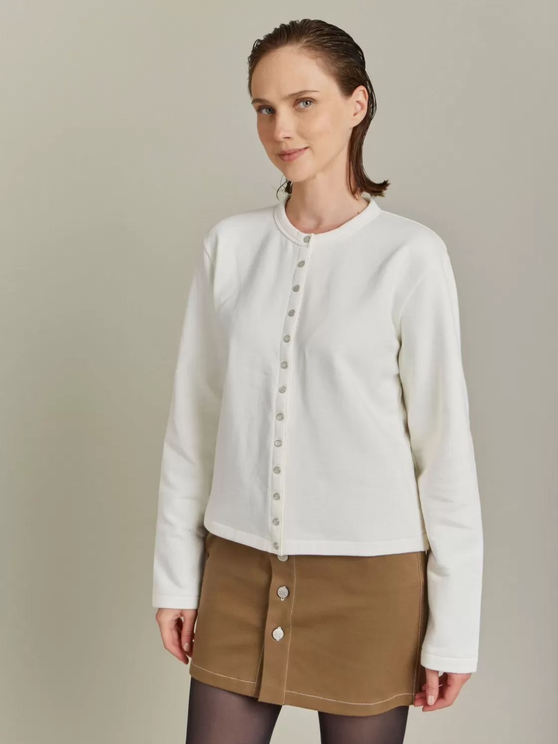 Women agnès b. Cardigans<Cream Organic Cotton Snap Cardigan