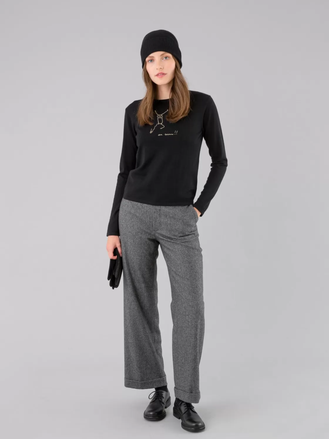 Women agnès b. Pants & Jeans<Dark Grey Herringbone Wool Blend Garçon Pants