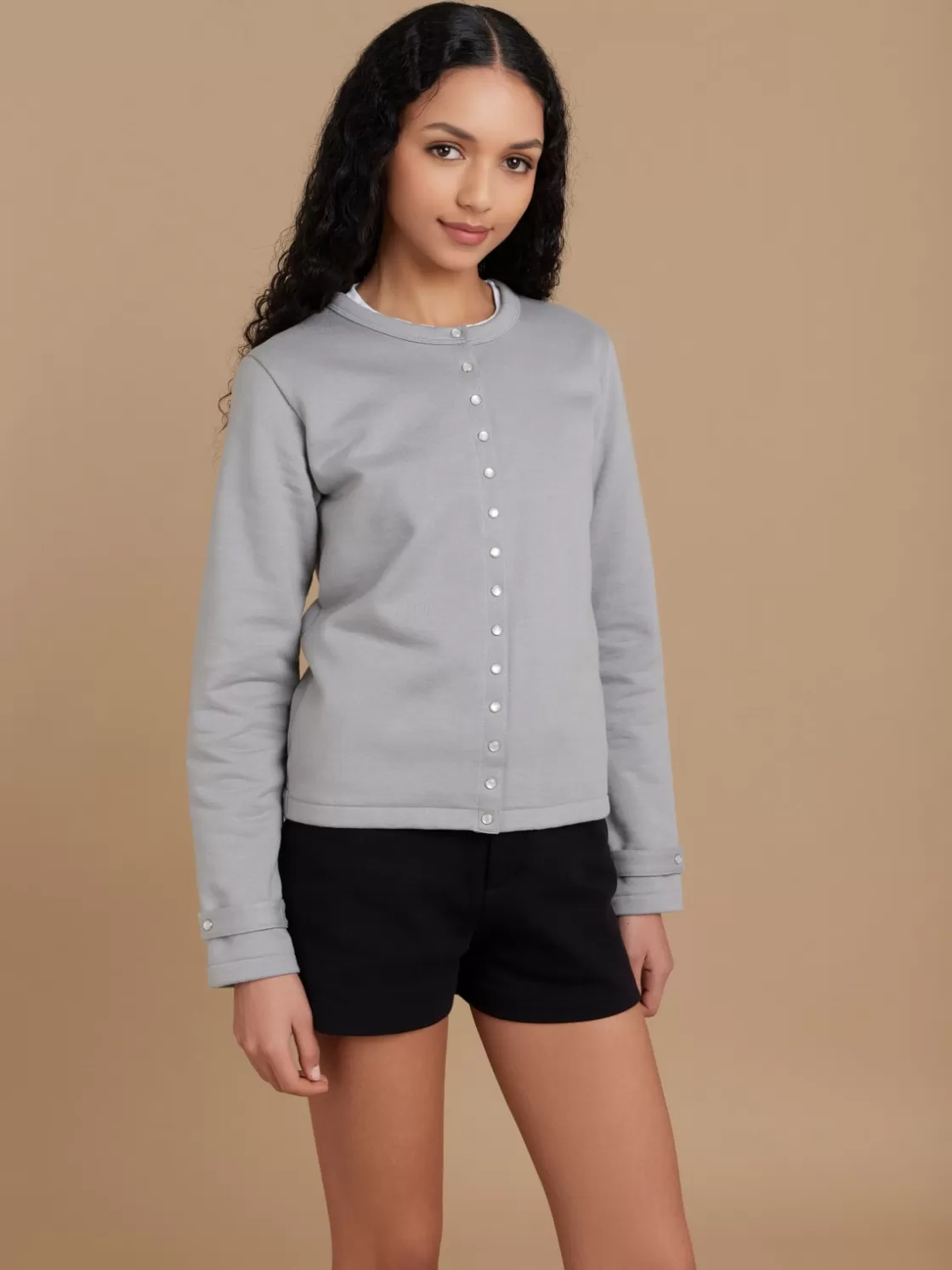 Women agnès b. Cardigans<Grey Cotton Fleece Rosana Snap Cardigan