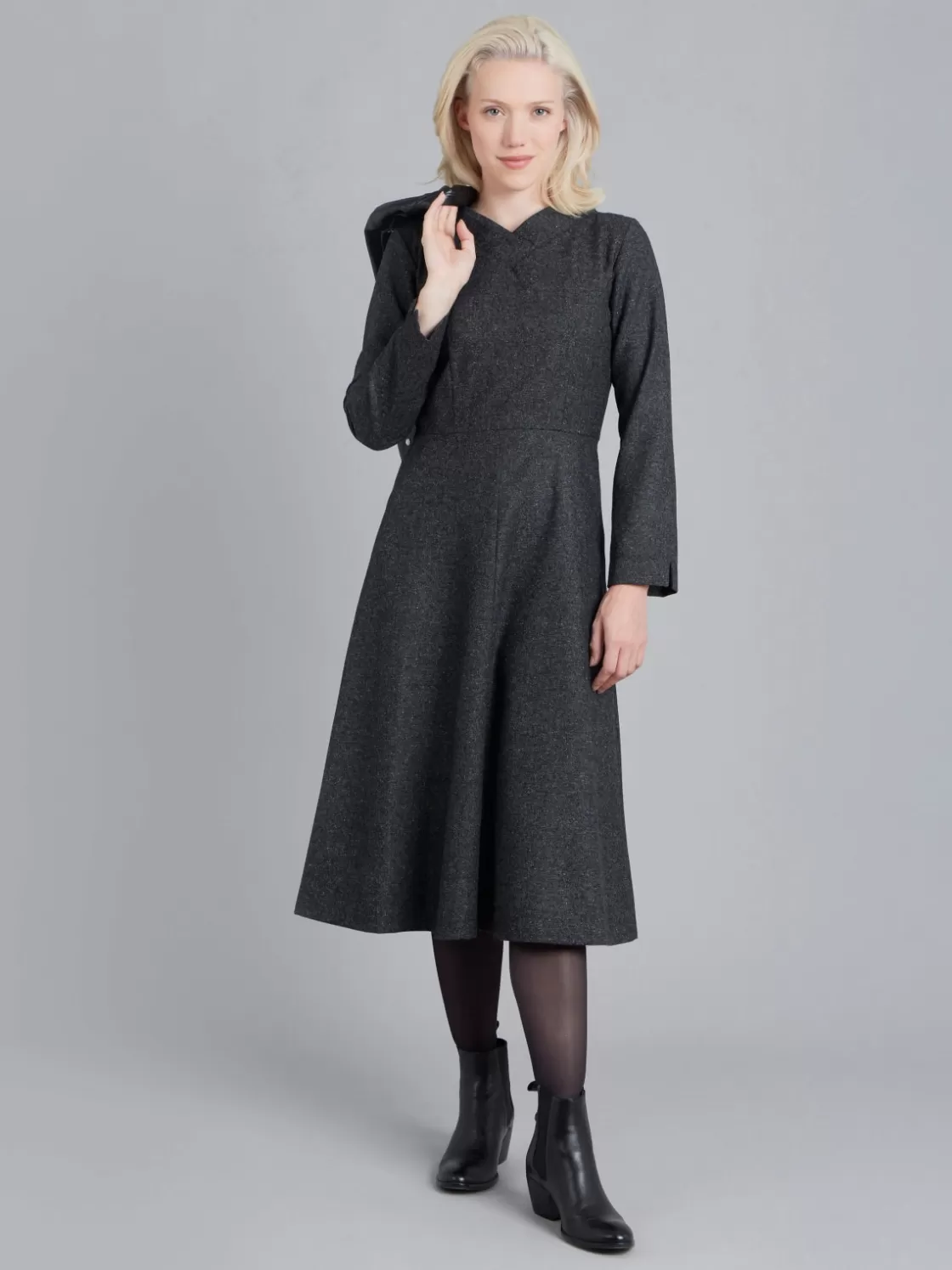 Women agnès b. Dresses<Grey Tweed Woolen Long Sleeve Dress