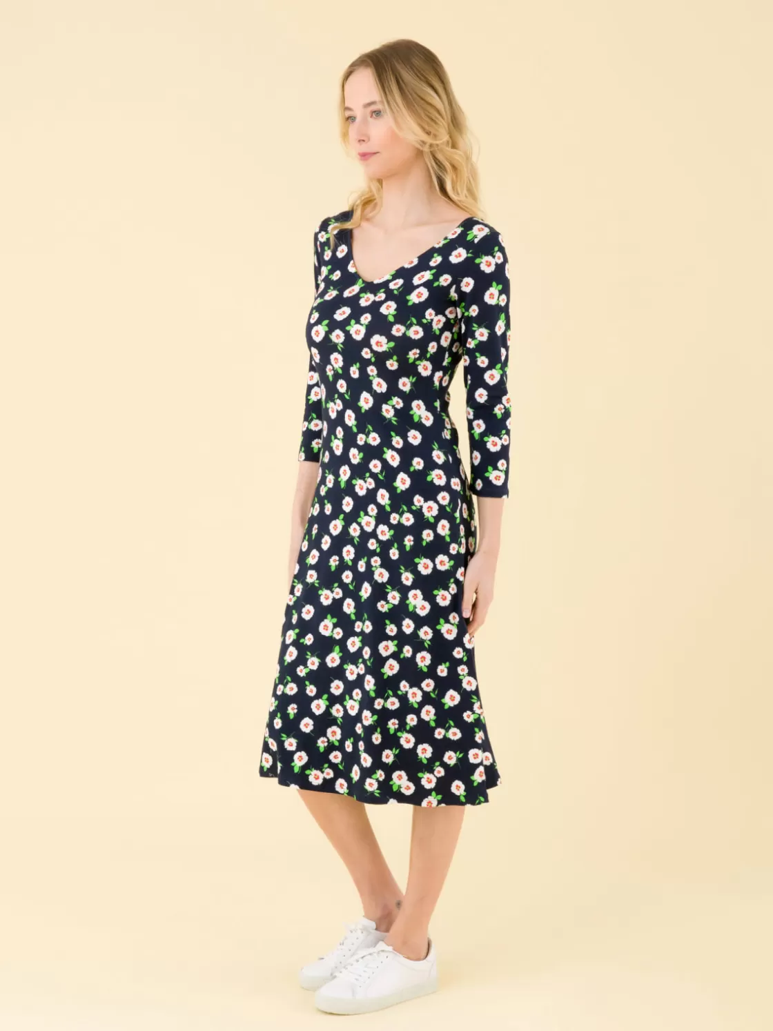 Women agnès b. Dresses<Navy Blue New Danseuse Dress With White Floral Print And 3/4 Length Sleeves