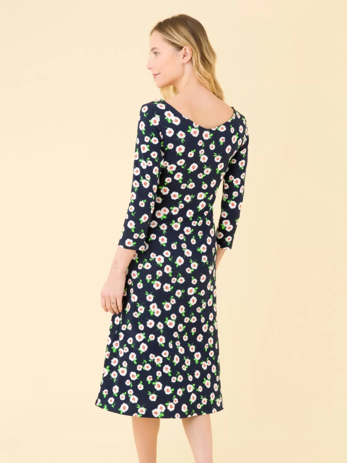 Women agnès b. Dresses<Navy Blue New Danseuse Dress With White Floral Print And 3/4 Length Sleeves