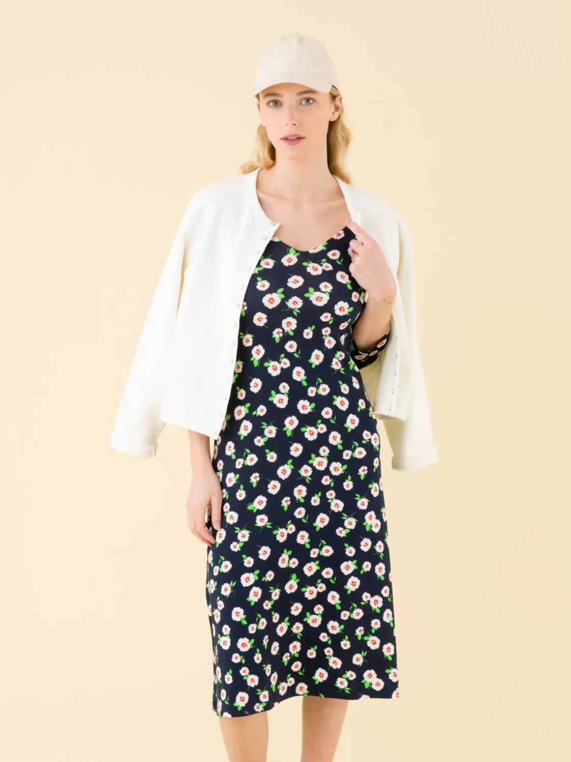 Women agnès b. Dresses<Navy Blue New Danseuse Dress With White Floral Print And 3/4 Length Sleeves