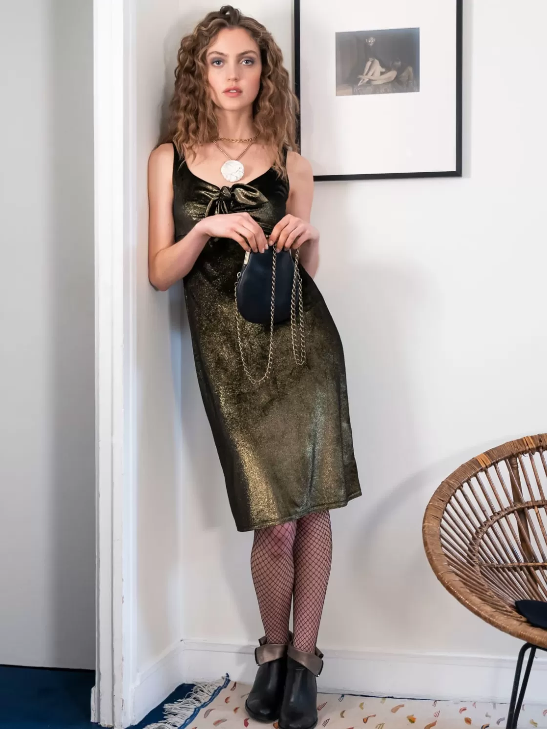 Women agnès b. Dresses<Noeud Dress In Smooth Black And Gold Velvet