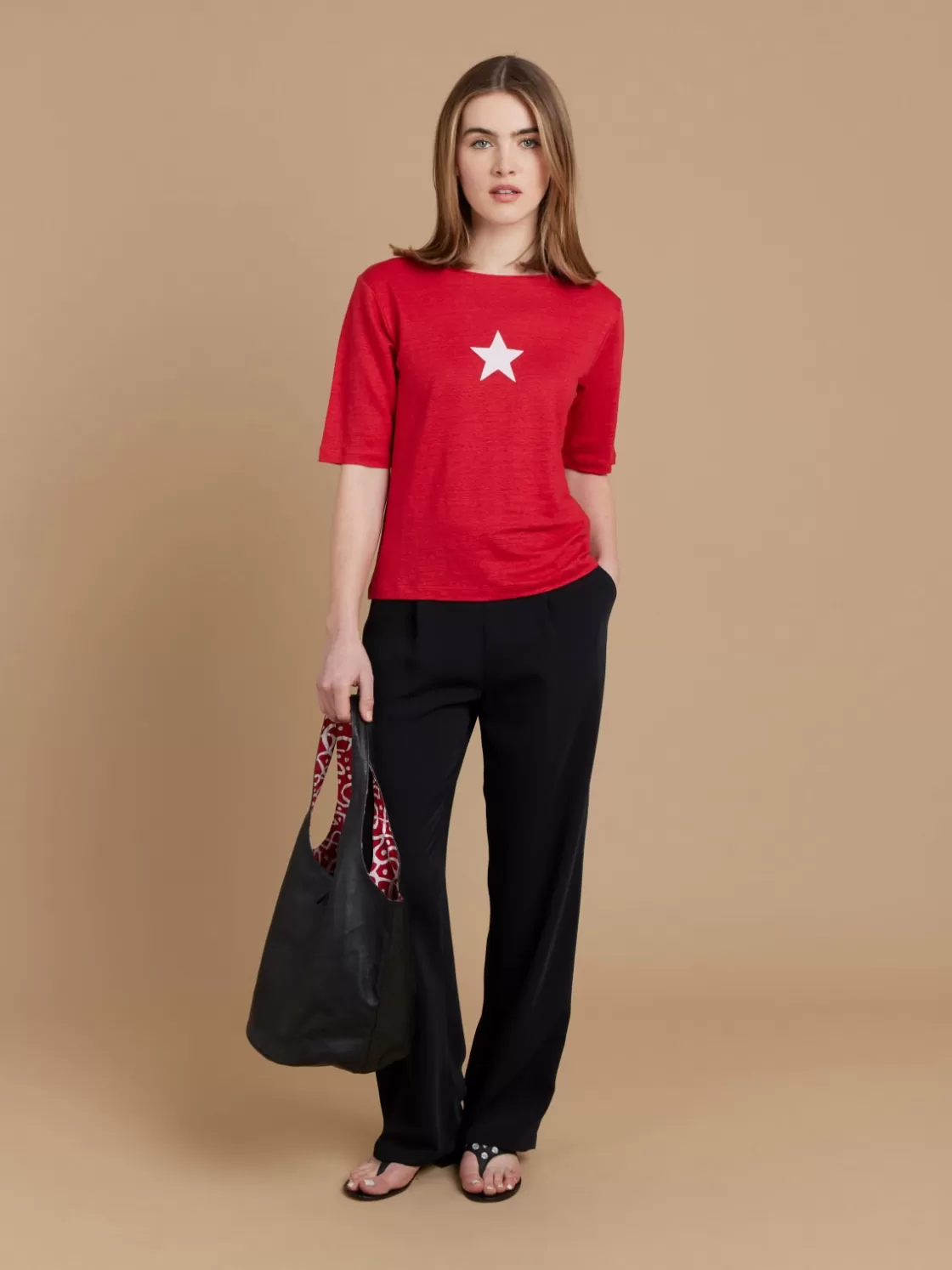 Women agnès b. T-Shirts & Tank Tops<Red Linen Jersey "étoile" Screen-print New Bow T-shirt