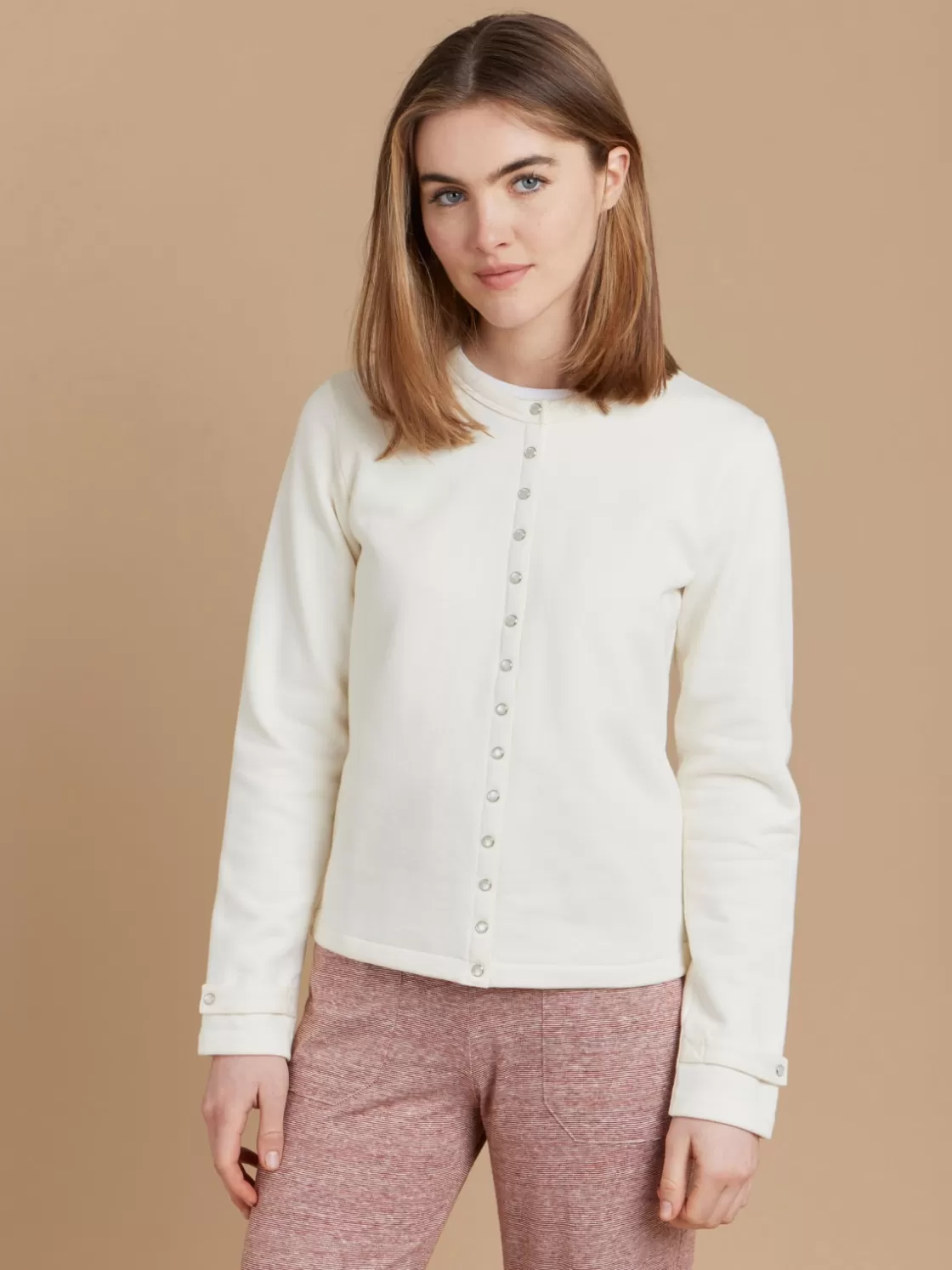 Women agnès b. Cardigans<White Cotton Fleece Rosana Snap Cardigan